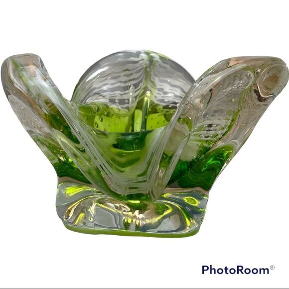 Murano Art Glass Bowl Catchall GREEN, WHITE & CLEAR Italy - Picture 2 of 11